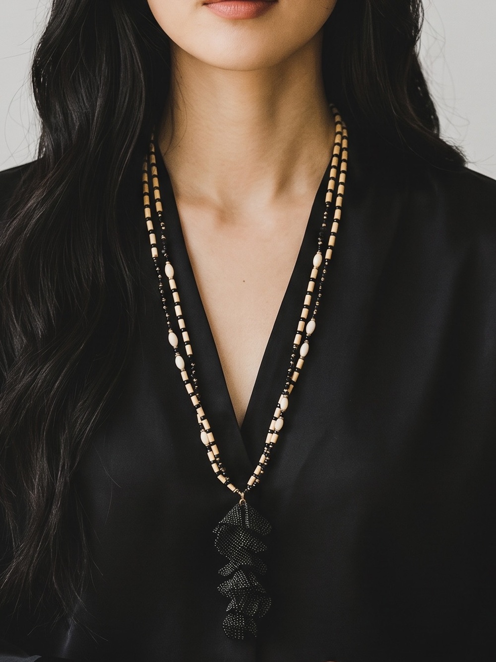 Chico's Black and Cream Beaded Tassel Necklace